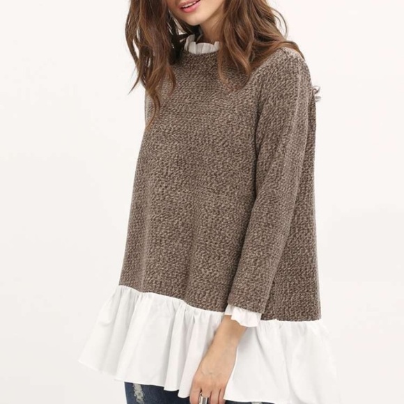 Small brown high neck boho ruffle sweater - Picture 1 of 8